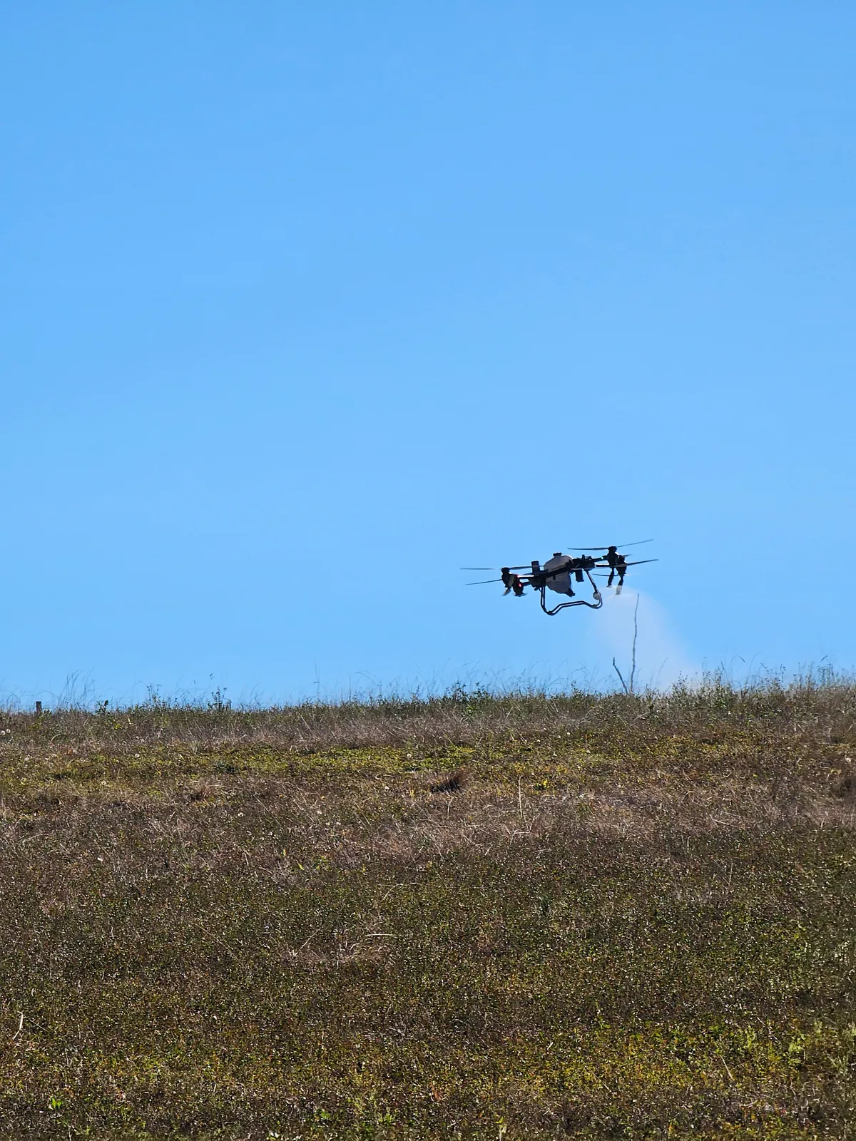 Drone spraying over a hilltop pasture against a clear blue sky